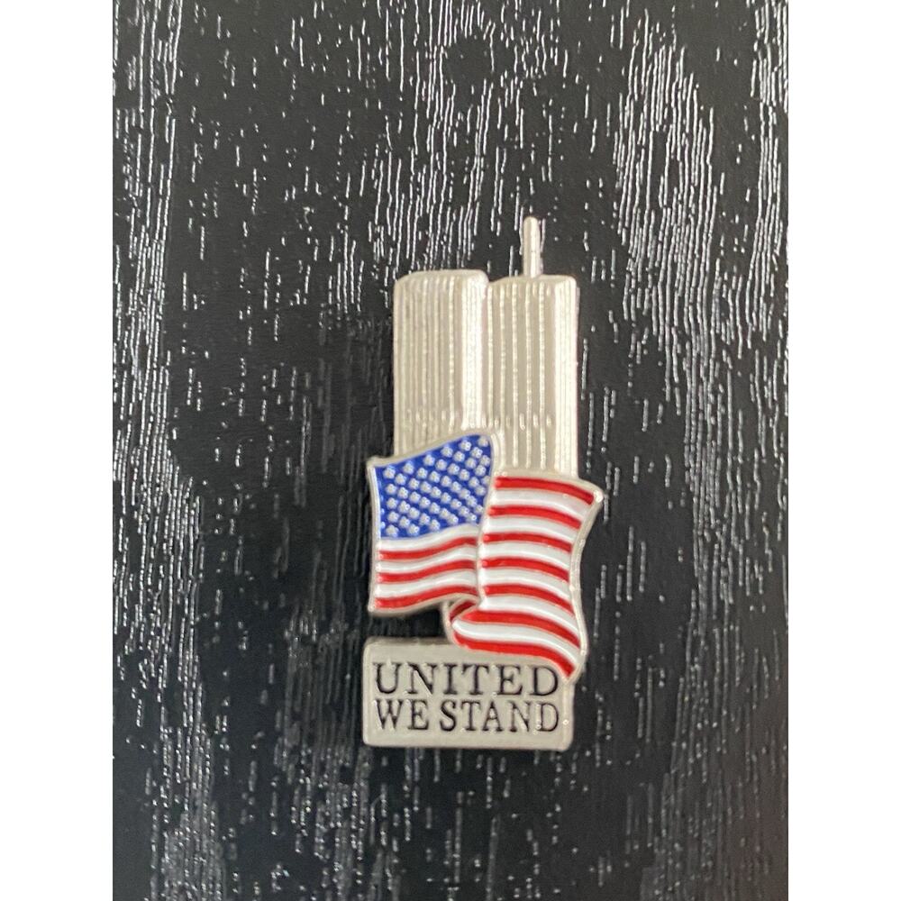 Twin Towers 9/11 Silver Finish Metal with Flag Tie Tack Lapel Pin 1.25" Tall